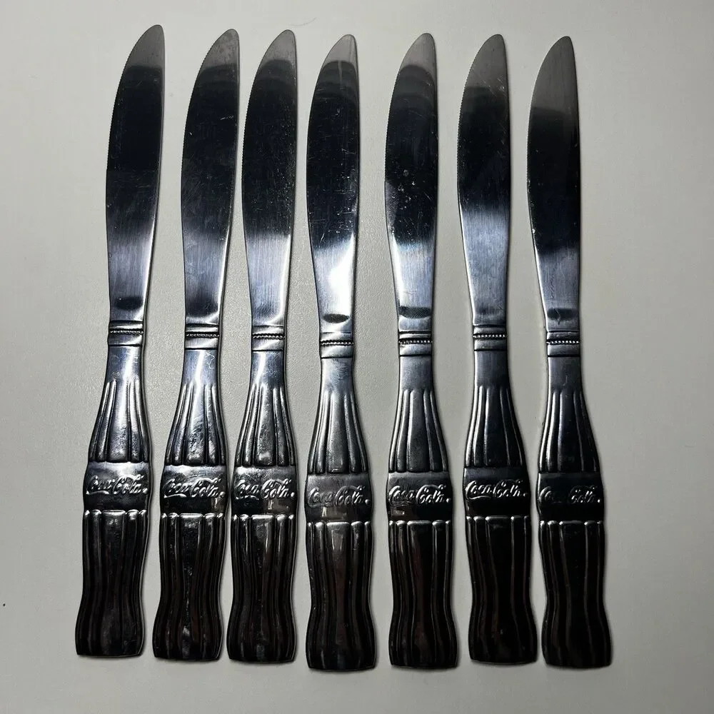 Lot of 7 Vtg Gibson Coca Cola Stainless Steel Dinner Knives Coke Bottle 8,5”